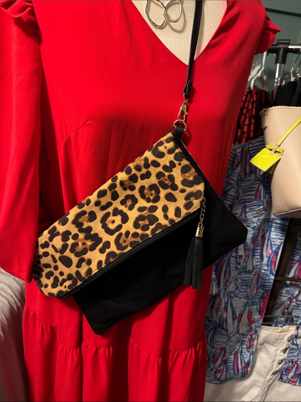 Leopard Print Flap Crossbody Bag - Black